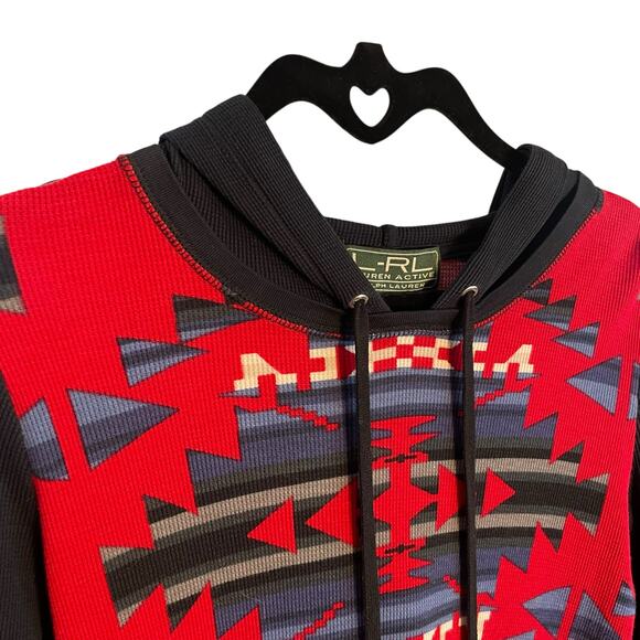 Lauren Ralph Lauren Active Southwestern Print Knit Hoodie Red Blue Medium AS IS - Picture 3 of 6